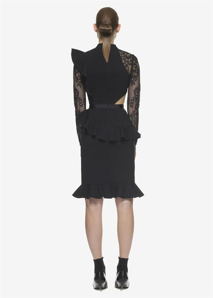 Self Portrait Summer Runway Ruffles Irregular Lace Patched Dress Women Vintage Long Sleeve Package Hip Black Bodycon Club Dress