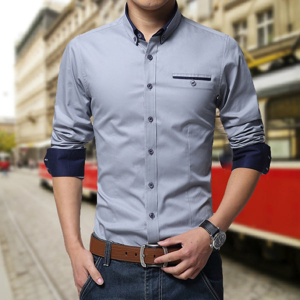 Men Cotton Casual Business Shirt Long Sleeve Solid Color