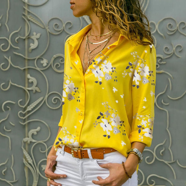 Women Blouses 2019 Fashion Floral Print Long Sleeve Turn Down Collar