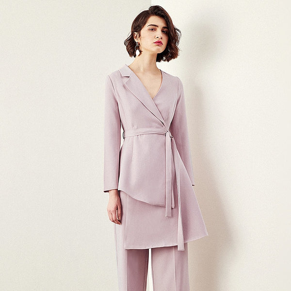 Pant Suits For Women Blazer Set Spring Lady Business Office Work Notched Irregular Long Jacket Elegant Wide Leg Pants Suit H6858