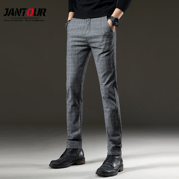 Men Casual Elastic Long Trousers Cotton Lattice Straight