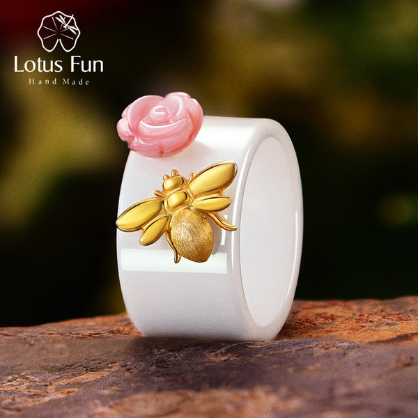 Lotus Fun Real 925 Sterling Silver Natural Handmade Fine Jewelry Ceramic Ring Cute Bee Kiss from a Rose Rings for Women Bijoux