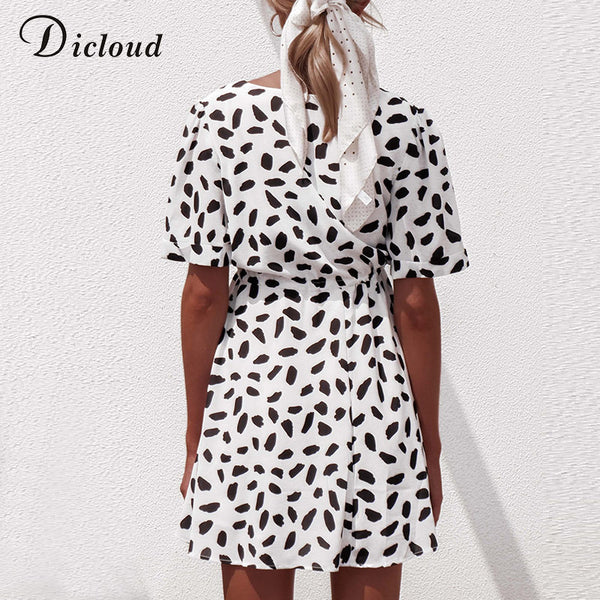 White Sand Spot Mini Summer Dresses Women V Neck Casual Beach Sundress Sexy Botton Wrap Bodycon Dress Female