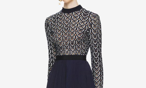 Self-portrait Hollow out Embroidery Lace Dress Women Long Sleeve Hit Color Patchwork Chiffon Pleated Dress 2019 Fall Long Dress