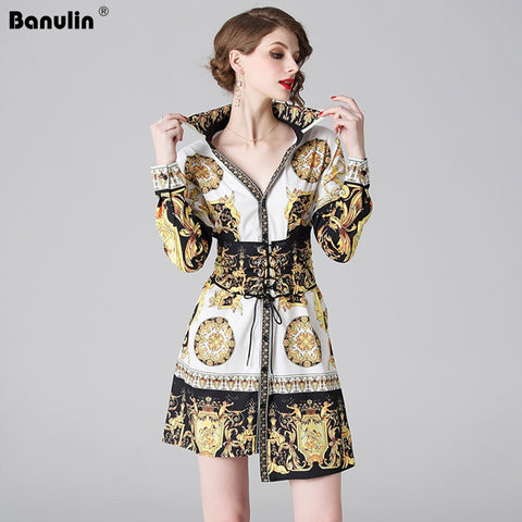New 2019 Spring Summer Runway Short Dress Women's Long Sleeve Vintage Printed Sexy Party V Neck Slim Girdle Dresses B6912