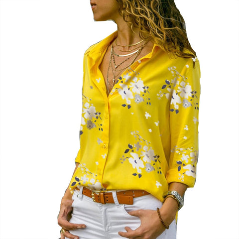 Women Blouses 2019 Fashion Floral Print Long Sleeve Turn Down Collar