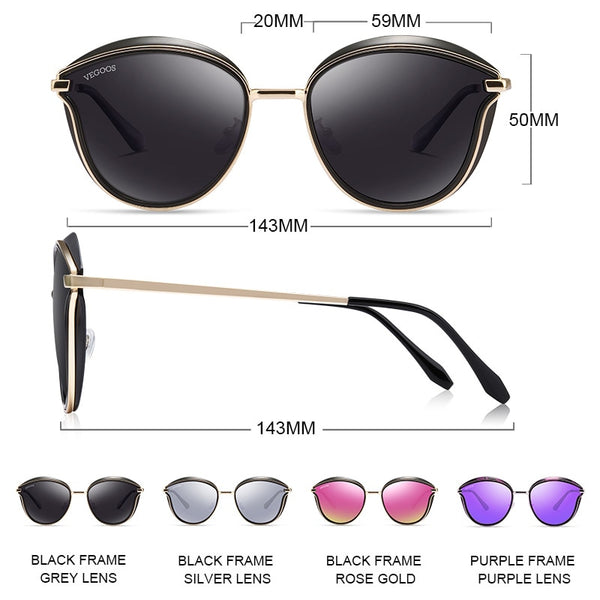 VEGOOS Polarized Women Round Sunglasses PC Frame Colorful Mirrored Lense Fashion Retro Cat Eye Polaroid Sun Glasses  #6115