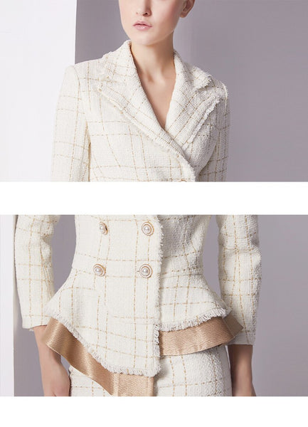 new arrival fashion skirt suits plaid temperament suit Double Breasted Irregular Blazer+mermaid skirt OL women skirt suits AB146