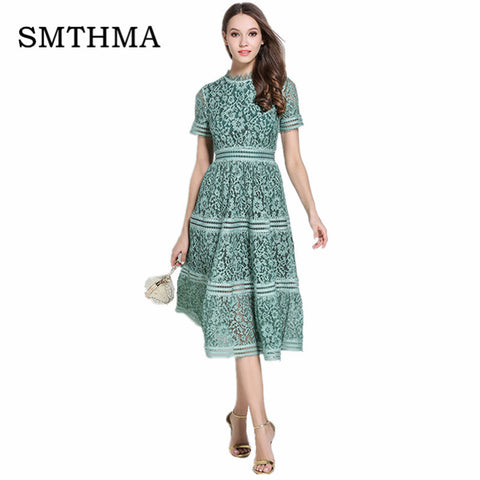 SMTHMA Green/Pink lace stitching Hollow out summer dress 2019 fashion Runway vestidos elegant evening party Casual Dresses