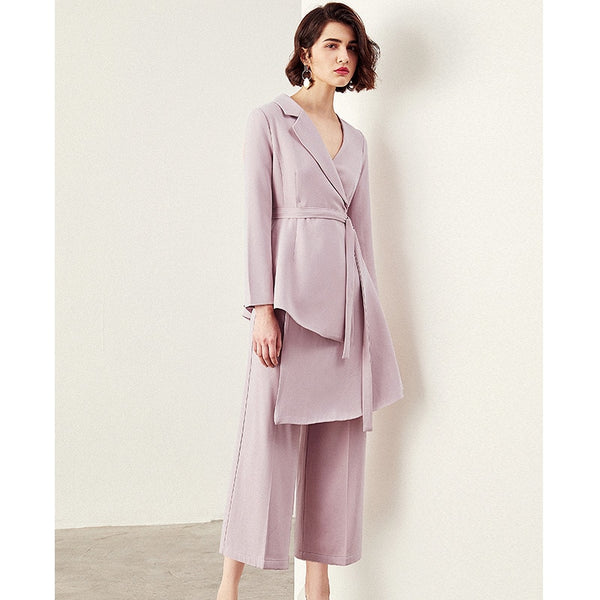 Pant Suits For Women Blazer Set Spring Lady Business Office Work Notched Irregular Long Jacket Elegant Wide Leg Pants Suit H6858