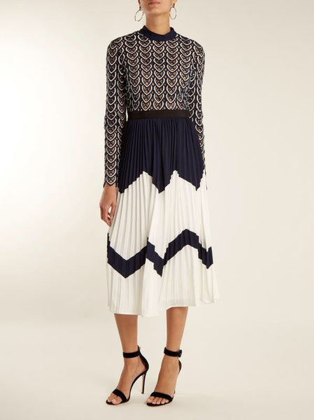 Self-portrait Hollow out Embroidery Lace Dress Women Long Sleeve Hit Color Patchwork Chiffon Pleated Dress 2019 Fall Long Dress