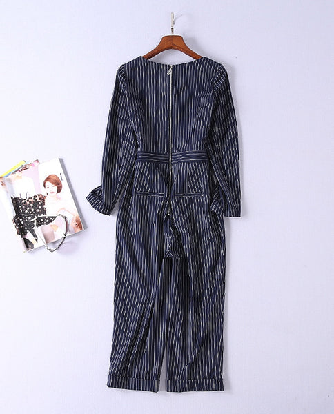 High Quality 2019 Spring Fashion Women Striped Junpant Casual Square Collar Long Sleeve Wide Leg Ankle-Length Jumpant Q039
