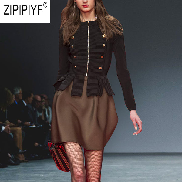 2018 New Autumn Fashion Runway 2 Piece Set Skirt Women O-Neck Long Sleeve Zipper Front Coat+ High Waist Mini Skirt Suits C2588