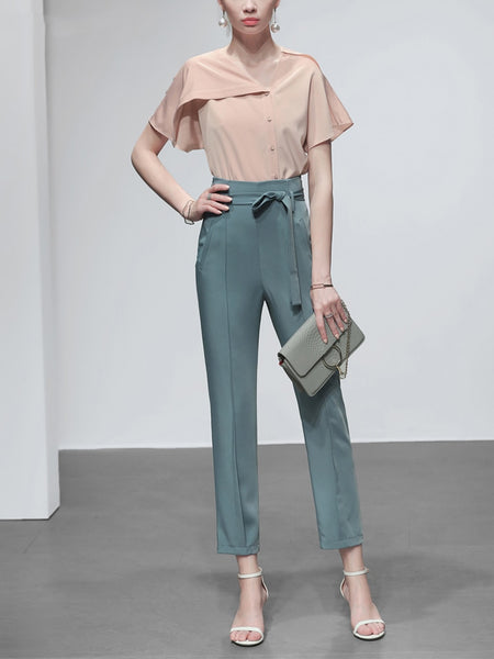 Simple Design Women Suits Asymmetric Single-breasted Short Flare Sleeve Solid Color Blouse Bow Bandage Design Long Pants 