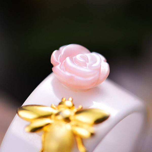 Lotus Fun Real 925 Sterling Silver Natural Handmade Fine Jewelry Ceramic Ring Cute Bee Kiss from a Rose Rings for Women Bijoux