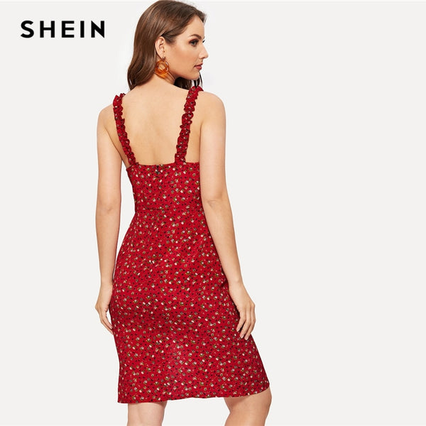SHEIN Burgundy Ruffle Strap Slit Hem Floral Print Zipper Sheath Slim Dress Women Summer High Waist Sleeveless Short Dress