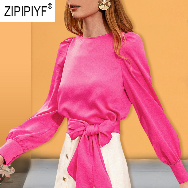 Casual Fashion Women Two Pieces Sets O Neck Long Lantern Sleeve Bow Design T-Shirt Top White A-Line Single-breasted Skirts Z1243