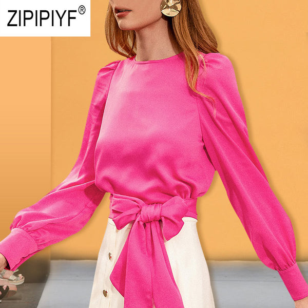 Casual Fashion Women Two Pieces Sets O Neck Long Lantern Sleeve Bow Design T-Shirt Top White A-Line Single-breasted Skirts Z1243