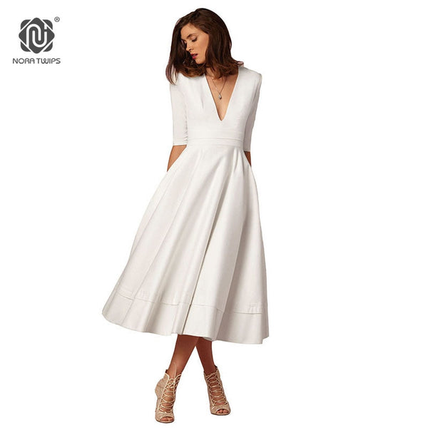 Women Sexy V-Neck Party Dress High Quality Polyester Solid Mid-Calf Dress Vintage