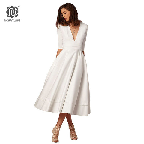 Women Sexy V-Neck Party Dress High Quality Polyester Solid Mid-Calf Dress Vintage