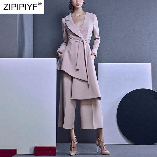 Pant Suits For Women Blazer Set Spring Lady Business Office Work Notched Irregular Long Jacket Elegant Wide Leg Pants Suit H6858