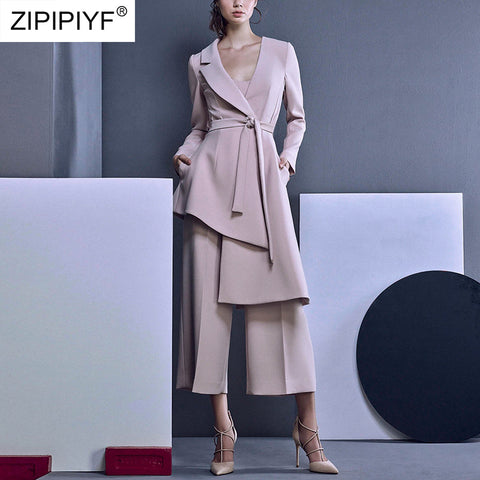 Pant Suits For Women Blazer Set Spring Lady Business Office Work Notched Irregular Long Jacket Elegant Wide Leg Pants Suit H6858