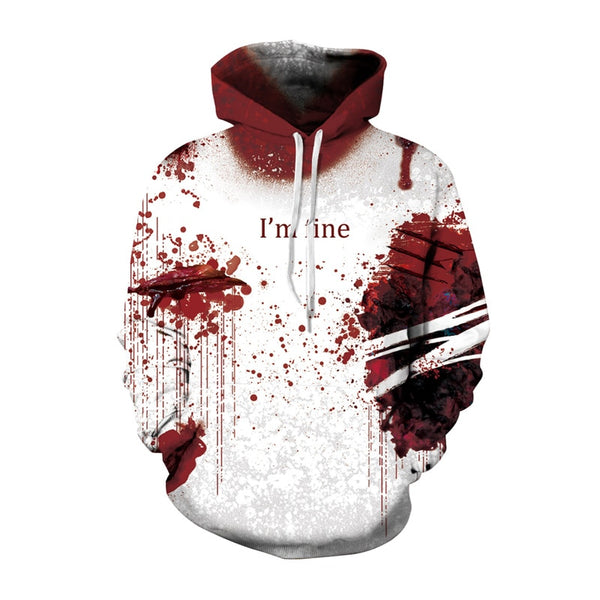 Alisister I'm Fine Horror Wound 3d Hoodies Men Women Plus Size Cosplay Sweatshirts Punk Thin Streetwear With Cap Masculino