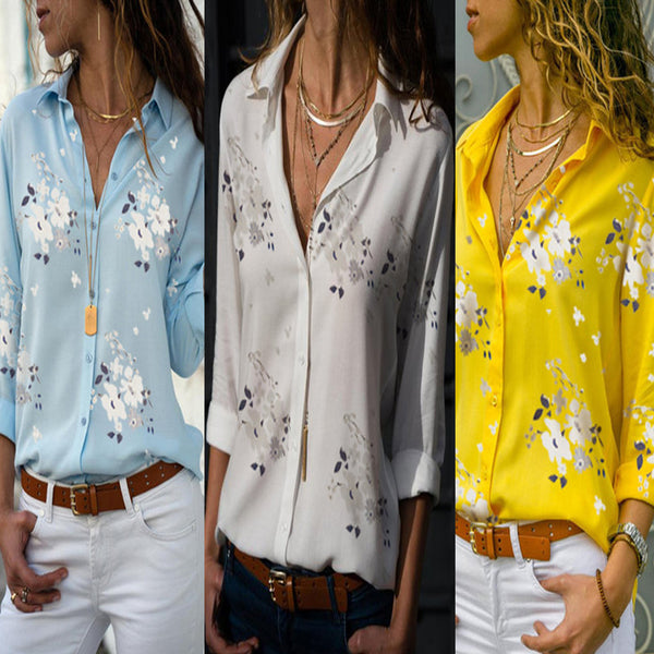Women Blouses 2019 Fashion Floral Print Long Sleeve Turn Down Collar