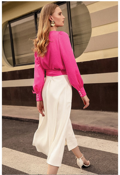 Casual Fashion Women Two Pieces Sets O Neck Long Lantern Sleeve Bow Design T-Shirt Top White A-Line Single-breasted Skirts Z1243