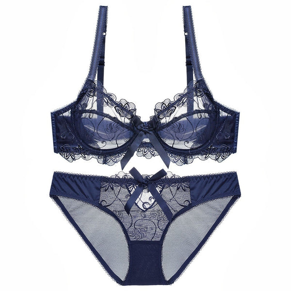 Sexy Embroidery Transparent Bras Set Women Plus Size Lingerie Set Ultra thin C D Cup Underwear Bow Brassiere panties Bra Set