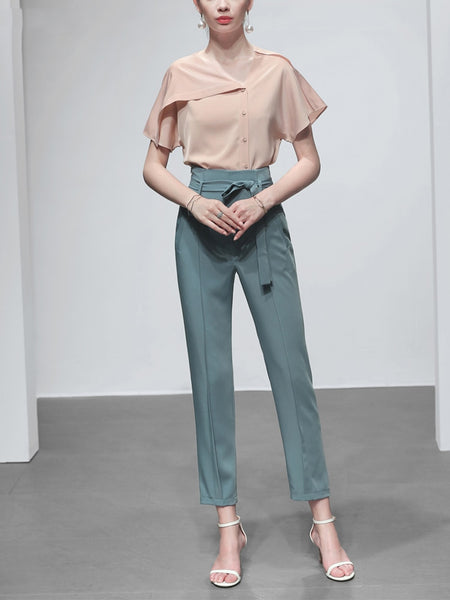 Simple Design Women Suits Asymmetric Single-breasted Short Flare Sleeve Solid Color Blouse Bow Bandage Design Long Pants 
