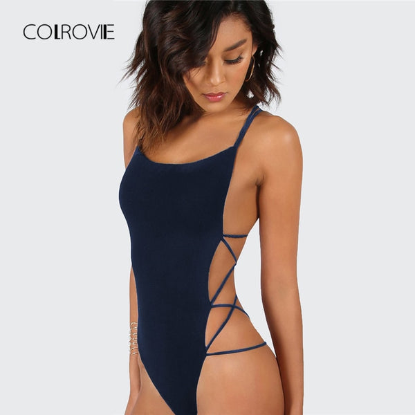Strappy Backless Bodysuit Women Black Sleeveless Summer Beach Hot Bodysuits Navy Scoop Neck Cross Slim Cami Bodysuit