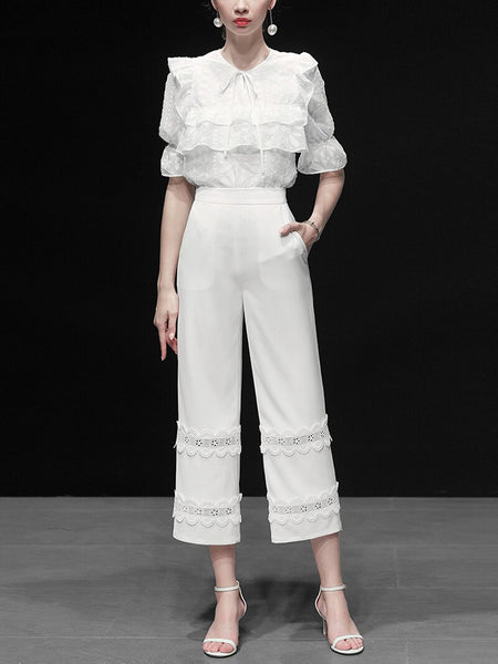 Noble Fashion Women Two Pieces Set O Neck Bow Bandage Design Ruffle White Blouse Loose Lace Patchwork Long High Waist Pant Z1465