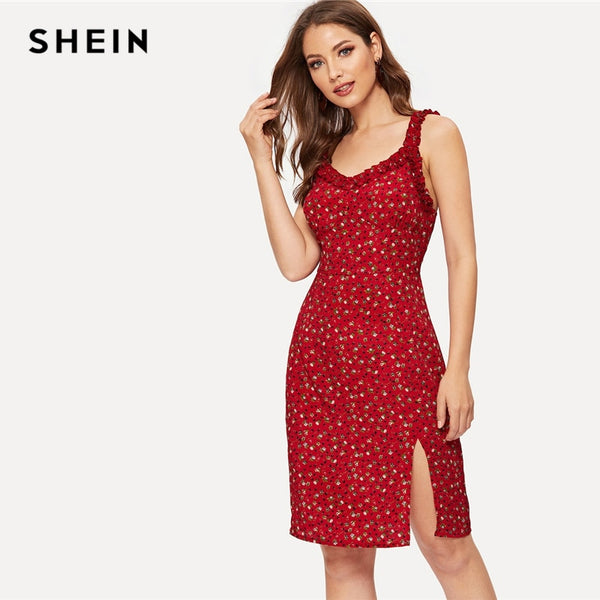 SHEIN Burgundy Ruffle Strap Slit Hem Floral Print Zipper Sheath Slim Dress Women Summer High Waist Sleeveless Short Dress
