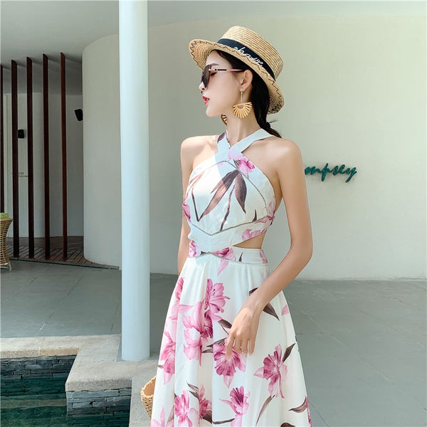 Summer Holiday Long Dress 2019 Runway Women Sexy Backless Hollow Out Maxi Dress Slim Halter Beach Party Dress