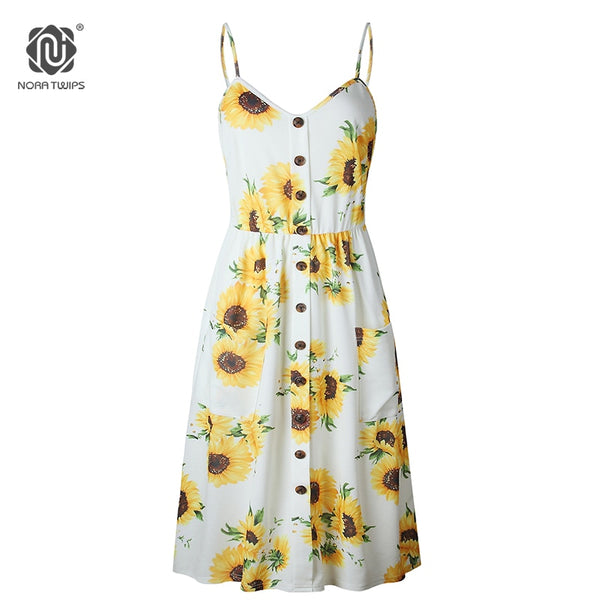Women Fashion Print Summer Beach Dress With Pocket