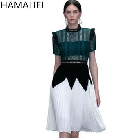 New Self Portrait Dress 2018 Runway Spring Green Patchwork White Hollow Out Lace Stand Collar Pleated Party Women Dress