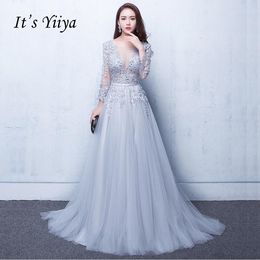It's Yiiya New Three Quarter Illusion Backless Lace Up Flowers Elegant Evening Dress Floor Length Party Gown Evening Gowns LX048