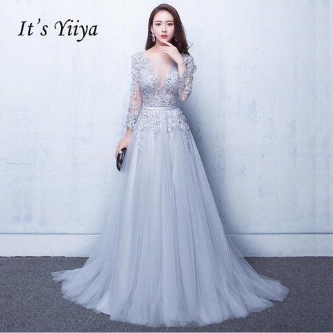 It's Yiiya New Three Quarter Illusion Backless Lace Up Flowers Elegant Evening Dress Floor Length Party Gown Evening Gowns LX048