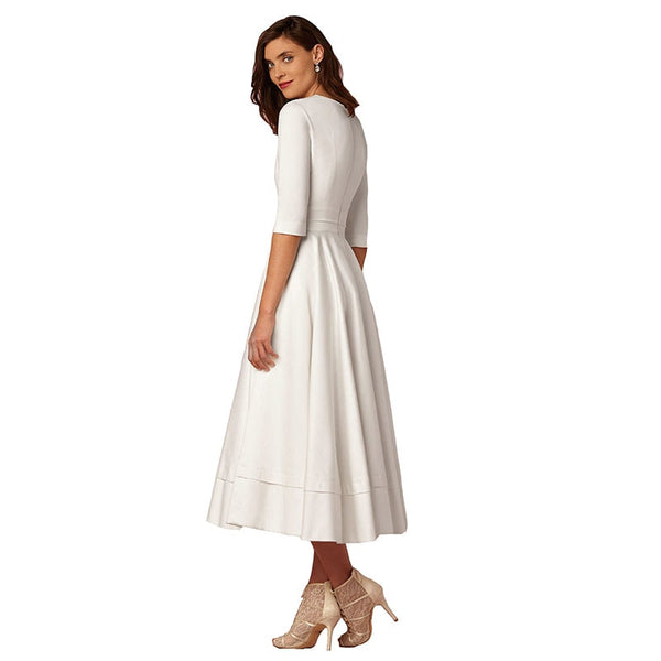 Women Sexy V-Neck Party Dress High Quality Polyester Solid Mid-Calf Dress Vintage