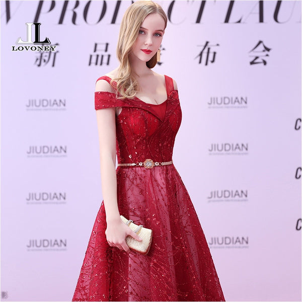 LOVONEY A Line V Neck Lace Up Open Back Evening Dress Long Ball Gown Formal Dress Prom Party Dresses Vestido De Festa Longo M252