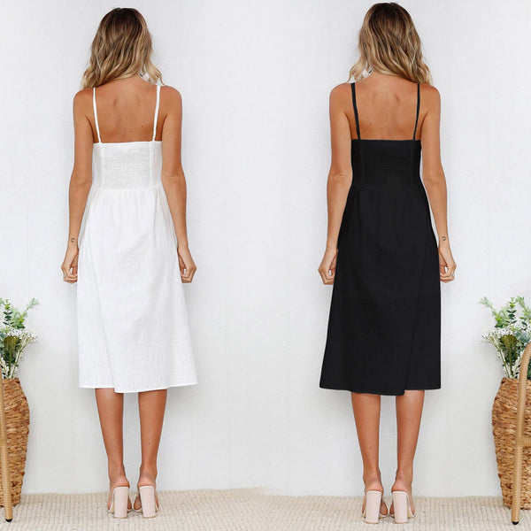 Sleeveless Backelss Sexy Summer Dress Women 2019 Black White Casual Dress Spaghetti Strap Dresses Button midi Sundress female