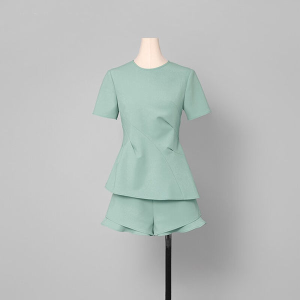 Simple Design Women Two Pieces Sets O Neck Solid Color Short Sleeve Wrinkle Office Lady Blouse Top Short Ruffle Pants Z1359