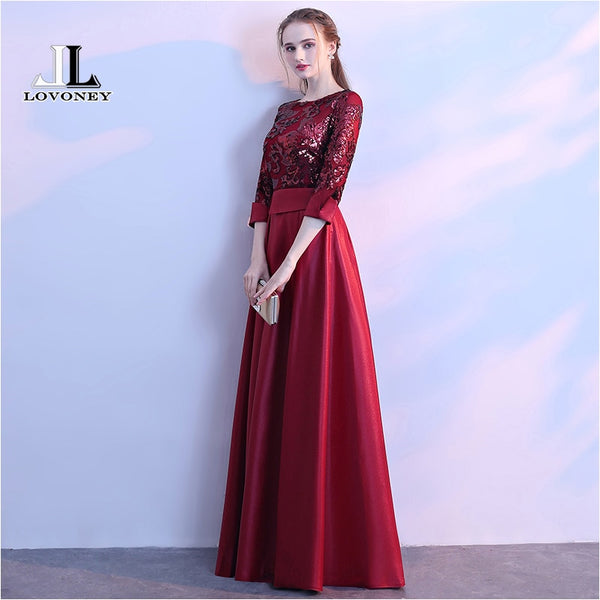 LOVONEY A Line Sequins Golden Evening Dress Long Prom Party Dresses Evening Gown Formal Dress Women Elegant Robe De Soiree M254