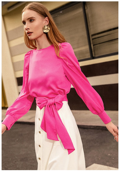 Casual Fashion Women Two Pieces Sets O Neck Long Lantern Sleeve Bow Design T-Shirt Top White A-Line Single-breasted Skirts Z1243