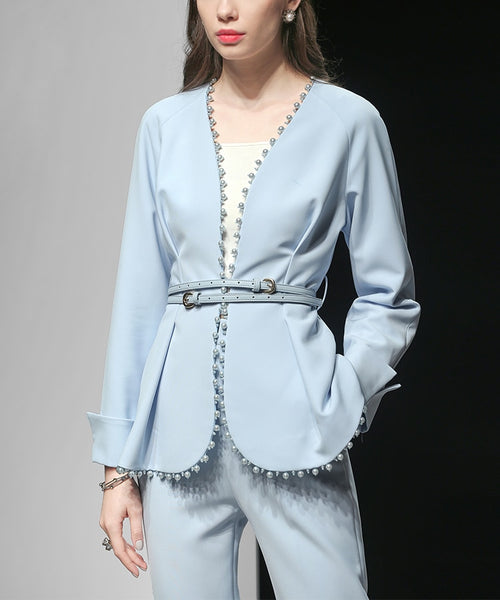 2019 Women Fashion Pants Set Elegant Patchwork Ribbed Beading Embellished Coat Belted and Ankle Length Pencil Skinny Pants C9025