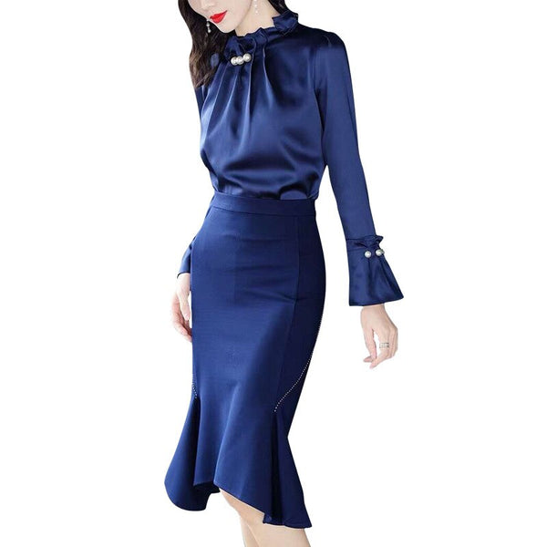 Solid Color Women Dress Sets Lady Turtleeck Flare Sleeve Blouses Bodycon A-Line Dress Elegant  Female Two Pieces Suits K611