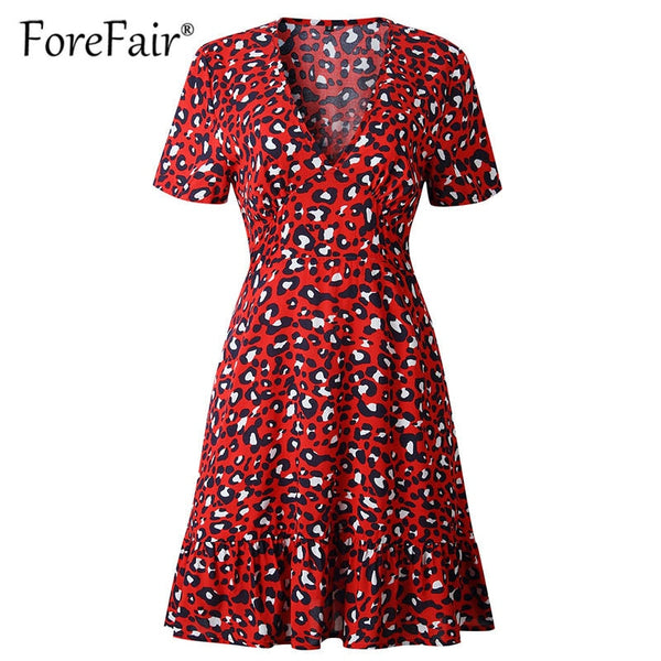 Forefair Print Leopard Dress sexy women short sleeve v neck ruffle hem high waist mini a line casual Summer Dress 2019 VESTIDOS