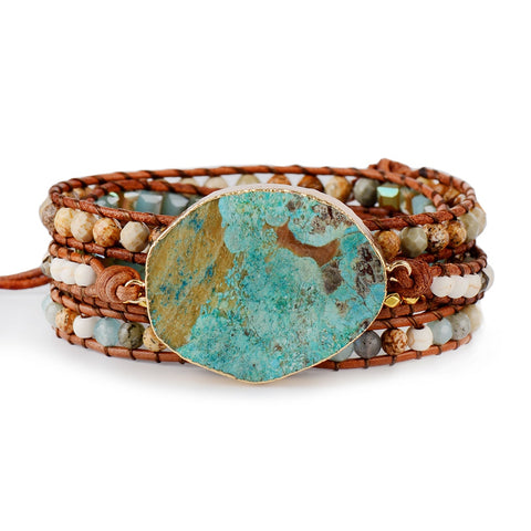 Women Leather Bracelet Unique Mixed Natural Stones Gilded Stone