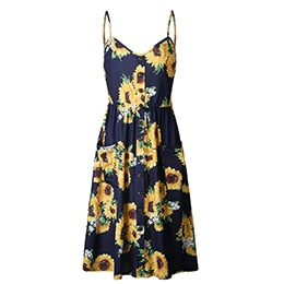 Women Fashion Print Summer Beach Dress With Pocket